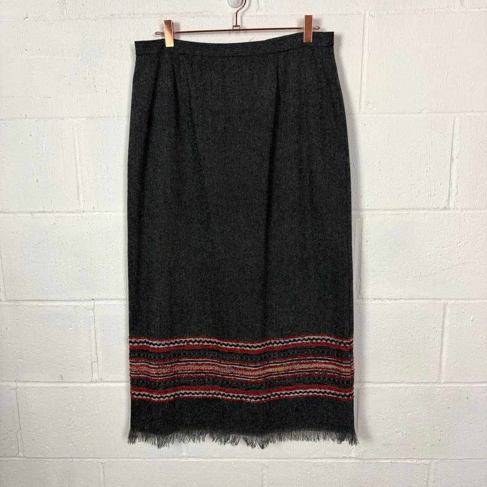 VTG Wool Blend Midi Skirt SZ 12 Lined Gray Southwest Red Embroidery Fringe Aztec